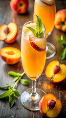 Fresh Peach Bellinis with Strawberry Garnish on Wooden Table