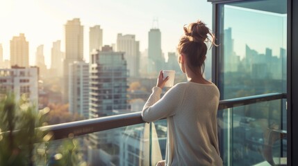 Young Professional Woman Enjoying Morning Coffee on Modern Balcony Overlooking City Skyline
