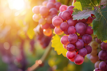 Sunset Over a Vineyard – Grapes Hanging on the Vines in an Autumn Harvest Scene, Capturing the Essence of Winemaking and the Beauty of Nature's Bounty. Generative AI.