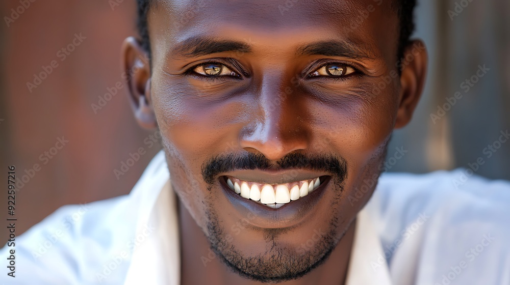 Wall mural A handsome Djiboutian man. Djibouti. A close-up portrait of a smiling man with warm brown eyes and a friendly demeanor against a blurred background, conveying happiness and approachability. . #motw