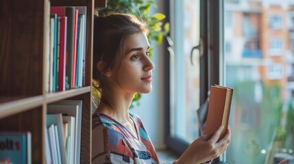 Woman Arranging Books in Modern Apartment with Urban View - Perfect for Home Decor and Lifestyle Content