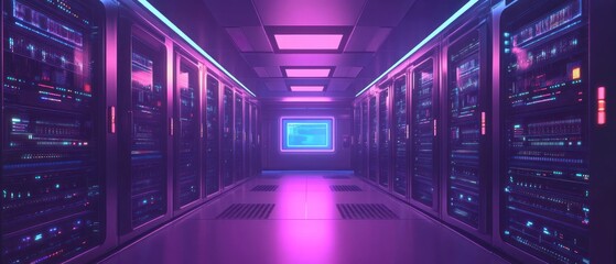 Fototapeta premium Server Room with Neon Lights and Data Racks