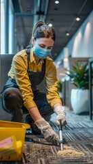 Professional Housekeeper in Mask and Gloves Cleaning Modern Office Space with Precision