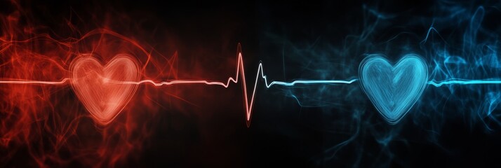 This artwork captures the intricate activity of the heart with vibrant red and blue hearts and a detailed cardiogram line, symbolizing the dynamic nature of emotional and physical heartbeats