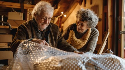 Elderly Couple Wrapping Cherished Family Heirlooms in Bubble Wrap During Heartwarming Moving Day