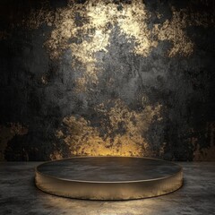 Elegant showcase stage with a polished circular platform illuminated against a backdrop of textured black and gold, perfect for presentations or artistic displays.