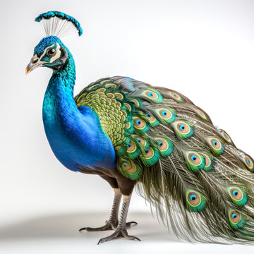 Pr&auml;chtiger Pfau, freigestellt vor weissem Hintergrund, Generative AI