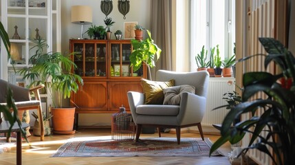 Cozy Living Room with Modern and Vintage Furniture, Warm Lighting, and Indoor Plants for a Charming Ambiance