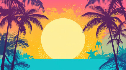 Colorful summer background with palm trees and sunset, summer beach poster template