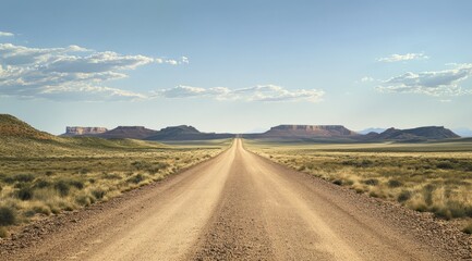 Fototapeta premium A long, deserted gravel road stretches endlessly into the vast horizon, surrounded by arid and rugged landscapes, with distant mesas looming under a clear and bright blue sky that invites exploration