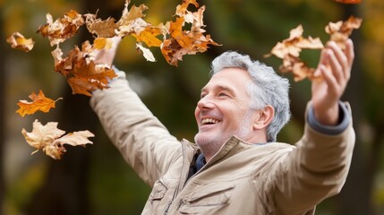 Obraz premium Joyful Senior Man Embracing Autumn with Open Arms and Falling Leaves