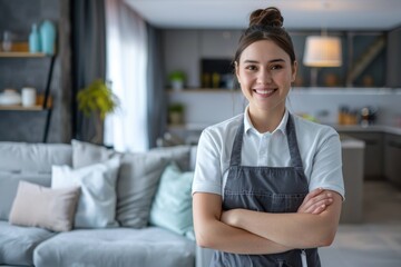 Fototapeta premium Professional Housekeeper in Uniform Standing Proudly in a Clean, Modern Living Room