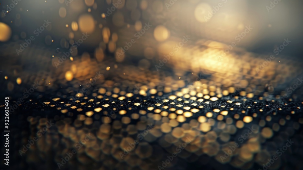 Poster intricate golden patterns on dark surface with blurred lights at twilight