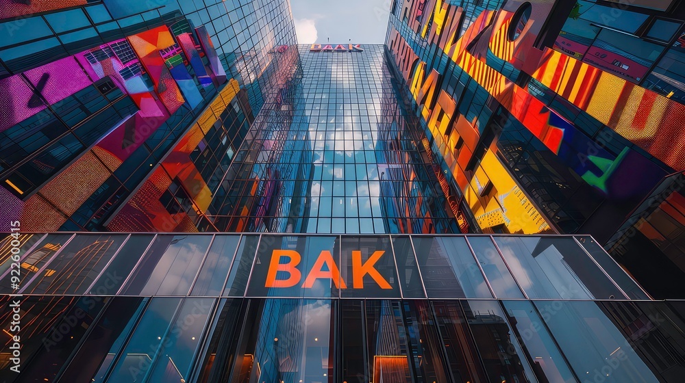 Poster a low angle view of a modern glass building with the word bak in large letters on the side of the bu