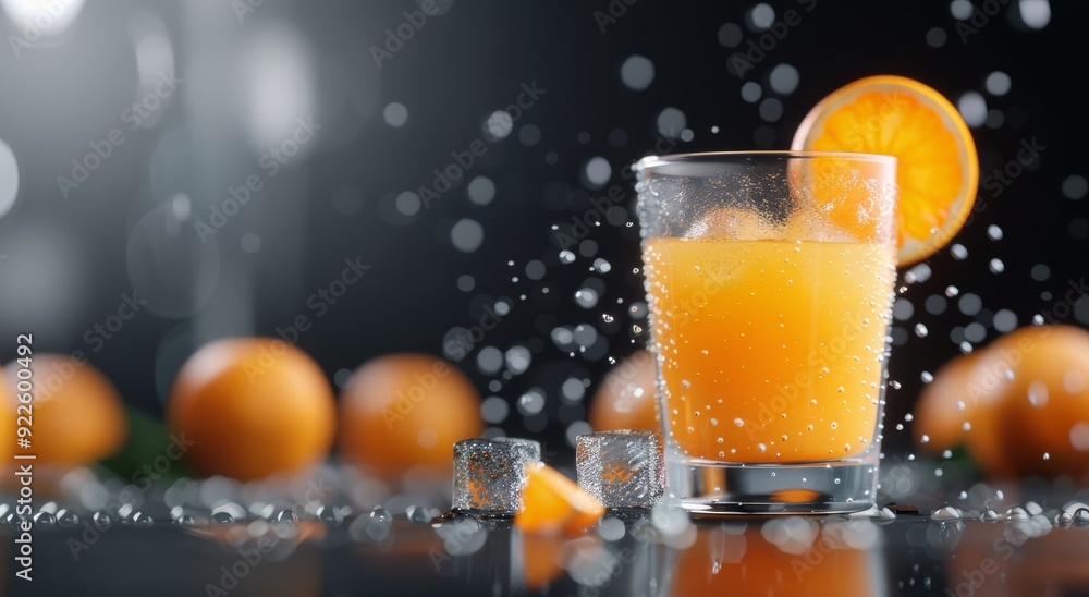 Poster refreshing citrus drink with ice and oranges splashing on dark background