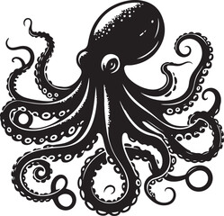 Octopus Silhouette Vector Illustration On Isolated White Background