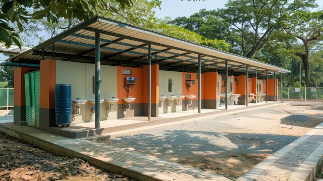 Modern public sanitation facilities in a developing country, showing clean and accessible toilets and washing stations