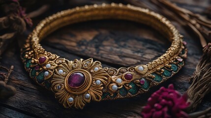 Obraz premium A beautifully crafted necklace with a central stone, etched with auspicious designs.