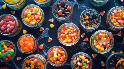 A flat lay of Halloween candy jars filled with colorful sweets like candy corn, gummy bats, and chocolate pumpkins, arranged on a spooky tablecloth