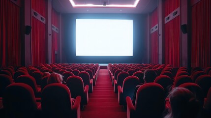 A darkened movie theater with a white screen and a few people in the seats. The audience is watching a movie.