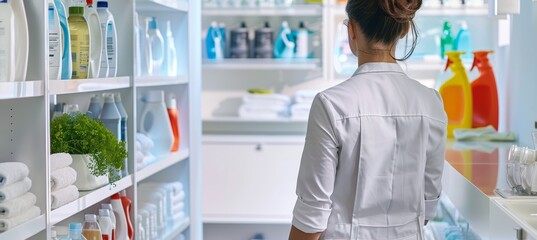 Housekeeper Organizing Cleaning Supplies in a Modern Storage Area for Efficient Home Management
