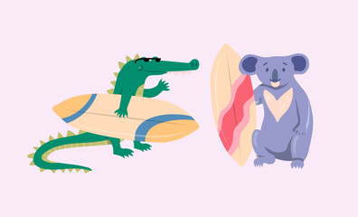 Cartoon Color Characters Animal Crocodile and Koala Surfers Set Summer Vacation Activity Surfboarding Concept Flat Design Style. Vector illustration