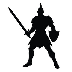 Obraz premium a body builder medieval knight with sword, stand with warior pose vector silhouette 