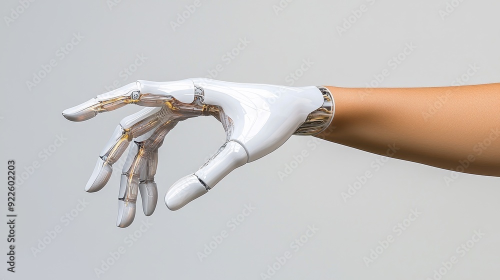 Poster a close-up view of a robotic hand demonstrating advanced technology and design, showcasing human-lik