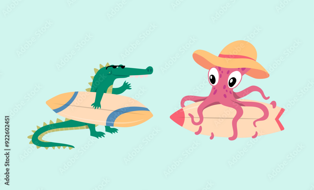 Canvas Prints Cartoon Color Characters Animal Crocodile and Octopus Surfers Set Summer Vacation Activity Surfboarding Concept Flat Design Style. Vector illustration