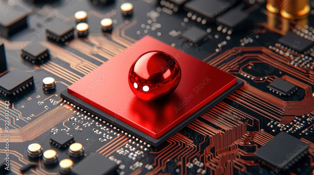 Poster close-up of a red component on a circuit board, showcasing intricate details of technology and moder
