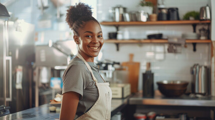 Professional Housekeeper Cleaning Modern Kitchen with Smile, Bright and Airy Environment