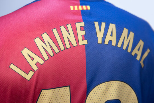 View of Lamine Yamal Name on Barcelona Home Jersey
