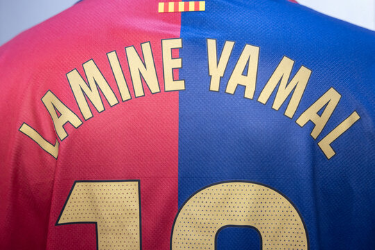 View of Lamine Yamal Name on Barcelona Home Jersey