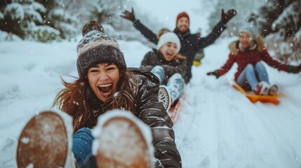 Group of Friends Sledding and Laughing on a Snowy Winter Day - Fun and Joy in the Snow