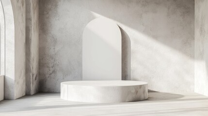 Minimalist display space featuring a circular platform, soft natural light filtering through, and smooth textured walls creating a serene and elegant atmosphere.