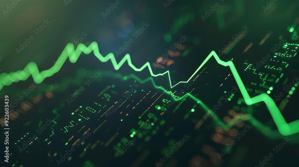 Poster a glowing green line graph rising on a dark background with a blur of other lines and lights, perhap