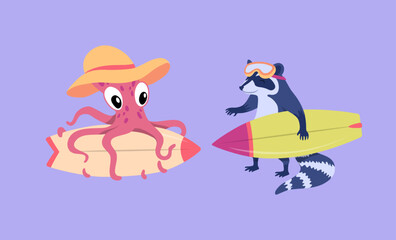 Cartoon Color Characters Animal Octopus and Raccoon Surfers Set Summer Vacation Activity Surfboarding Concept Flat Design Style. Vector illustration