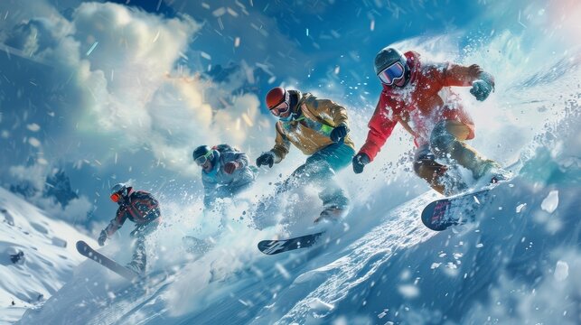 Dynamic Group Snowboarding Adventure in Winter Mountains - Energetic and Exciting Outdoor Fun