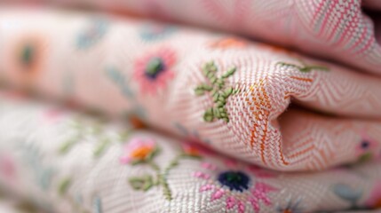 Fototapeta premium Delicate Floral Embroidery on Soft Pink Fabric in Natural Light