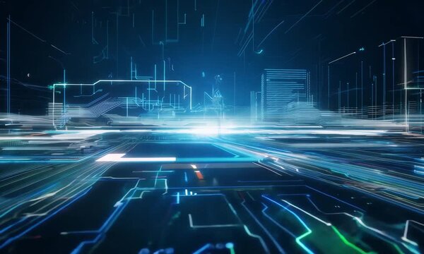 electronic circuits as they zip through an abstract cyberspace, creating a sense of speed and energy