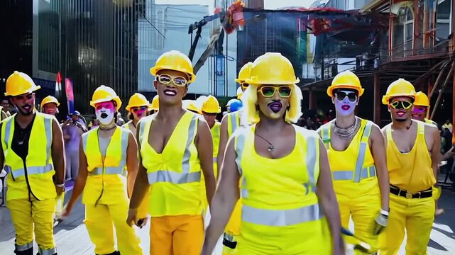 Colorful construction crew dancing on a site
