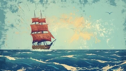 watercolor illustration, vintage postcard, World Maritime Day, red sailing ship, undulating sea, paint texture, copy space, free space for text