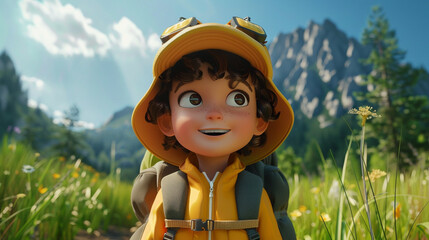 A kid looking curious while exploring nature. Animated character, C4D model rendering, 3D rendering - Generative AI