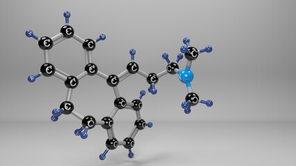 Amitriptyline molecule. Molecular structure of Elavil, antidepressant drug also used to treat chronic pain conditions such as fibromyalgia and migraine.