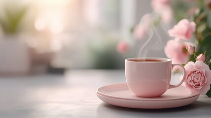 Fototapeta premium Charming setup of hot tea on a pale rose saucer, with steam mingling with the plate’s soft hues.