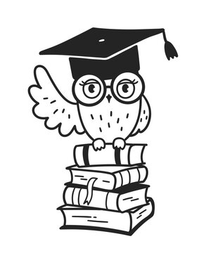 Line art vector illustration of cute owl character sitting on books wearing glasses and mortarboard