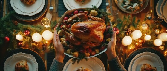 Roasted Turkey with Garnishes on a Festive Table