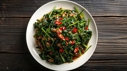 Popular asian dish: spicy pork stir fry with chinese morning glory