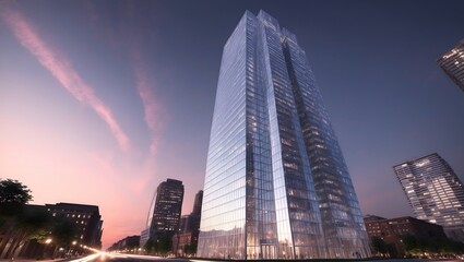 Obraz premium Glass skyscraper reflecting sunset hues in serene urban evening