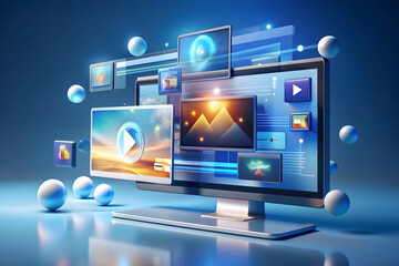 Cloud computing service concept providing storage networks servers applications isometric composition with monitor and apps symbols vector illustration
